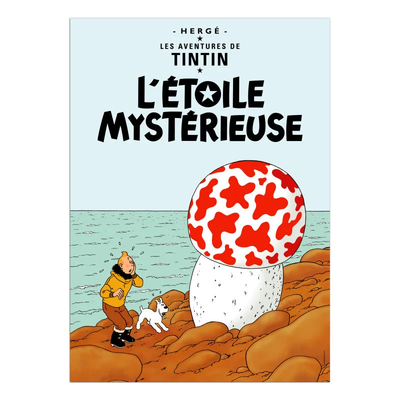 The iconic book cover artwork for Hergé's "Les Aventures de Tintin: L'Étoile Mystérieuse". On a rocky brown shore against a light blue sea and sky, Tintin, wearing a yellow winter parka and brown trousers, looks wide-eyed and startled with his hand to his cheek. Next to him, a small white dog, Snowy, stands with an open mouth, looking equally shocked at a colossal red-and-white spotted mushroom towering beside them.