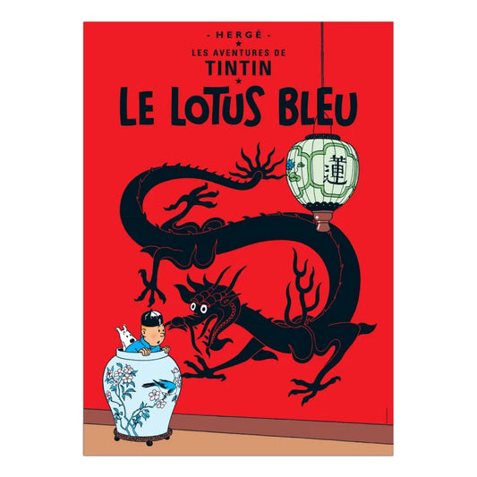 The iconic red comic book cover artwork for Hergé's "Les Aventures de Tintin: Le Lotus Bleu". A large black Chinese dragon dominates the center, facing Tintin and Snowy as they peek out from inside a large blue and white porcelain vase. A green hanging lantern with Chinese characters hangs to the right against the solid red background.