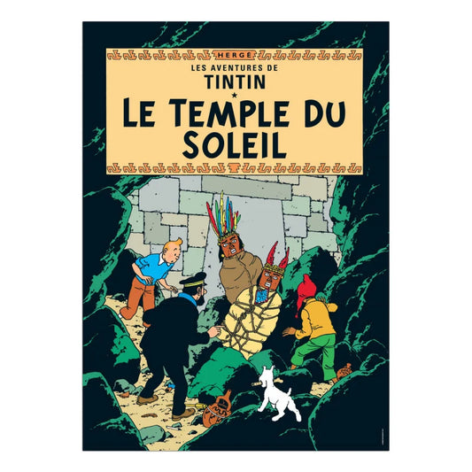 he iconic book cover artwork for Hergé's "Les Aventures de Tintin: Le Temple du Soleil". Inside a dark, rocky Inca tomb, Tintin in a blue sweater and brown trousers looks down in astonishment alongside a white dog, Snowy. Next to them, Captain Haddock in his black sailor uniform reacts with shock at two mummified figures wrapped in traditional funerary bundles—one adorned with a vibrant, multicolored feathered headdress.
