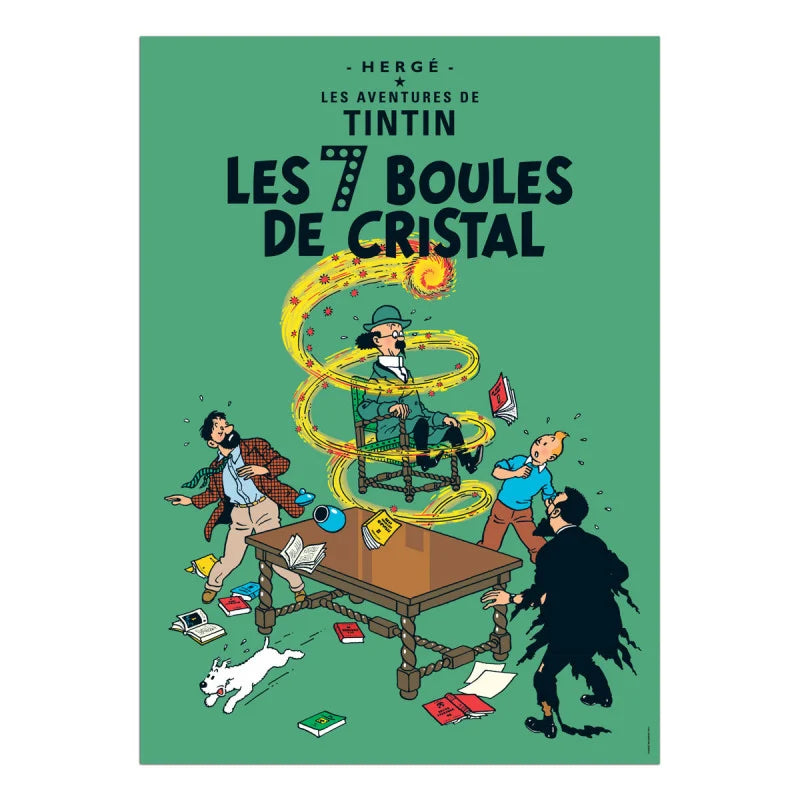 Official French Tintin poster for "Les 7 Boules de Cristal" featuring Professor Calculus floating or levitating in the air in a brightly lit room while Tintin, Captain Haddock watch in shock.