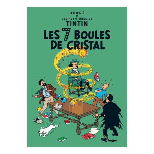Official French Tintin poster for "Les 7 Boules de Cristal" featuring Professor Calculus floating or levitating in the air in a brightly lit room while Tintin, Captain Haddock watch in shock.