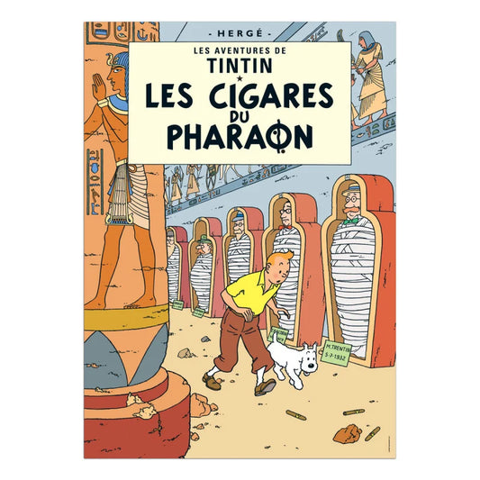 The iconic book cover artwork for Hergé's "Les Aventures de Tintin: Les Cigares du Pharaon". Tintin, wearing a yellow shirt and brown trousers, cautiously walks alongside Snowy past rows of upright, open sarcophagi holding mummified figures inside a tomb. A massive, ancient Egyptian pillar depicting a pharaoh dominates the left foreground.