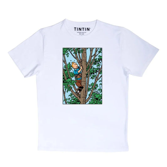 Front view of the white unisex Tintin adult t-shirt featuring a colorful rectangular comic panel graphic of Tintin climbing a tall tree, displayed flat against a solid white background.