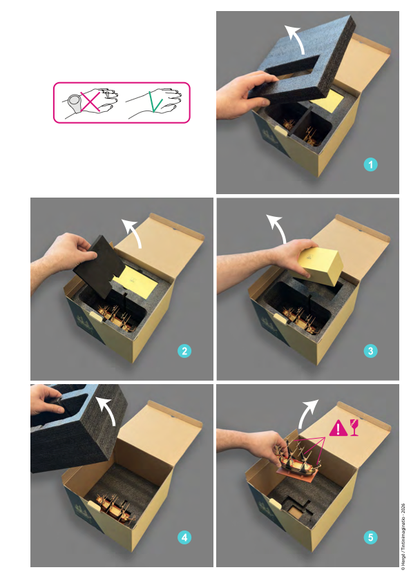 Instructional diagram illustration showing step-by-step unboxing and handling instructions for opening the packaging and setting up The Unicorn collectible model ship from The Adventures of Tintin.
