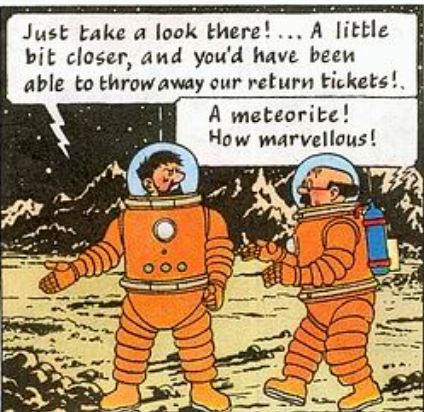 Classic comic panel from Tintin Destination Moon showing Captain Haddock and Professor Calculus in orange spacesuits on the lunar surface, having an animated, frustrated disagreement while looking down at a meteorite crater.