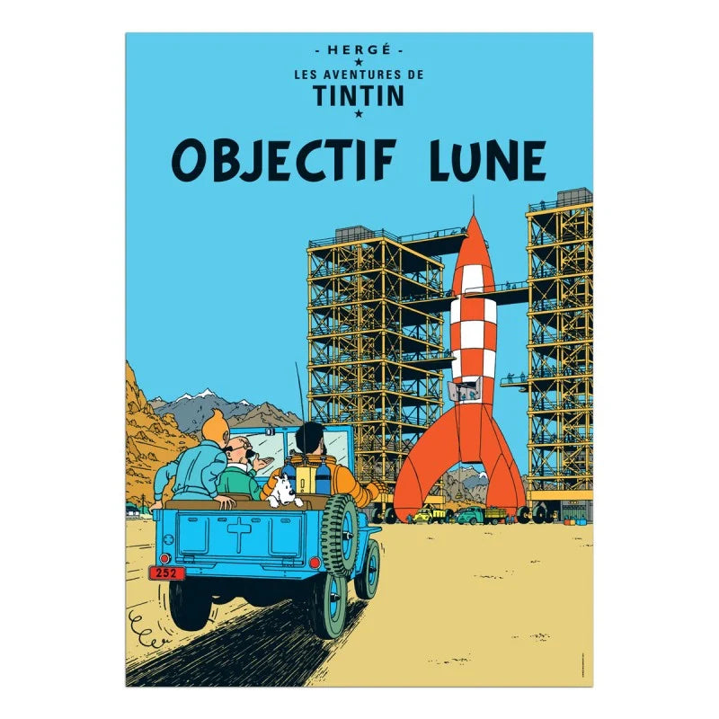 Official French Tintin poster for "Objectif Lune" featuring Tintin, Captain Haddock, and Snowy riding in an open-top blue jeep toward a massive red and white checkered moon rocket at its launch pad scaffolding site.