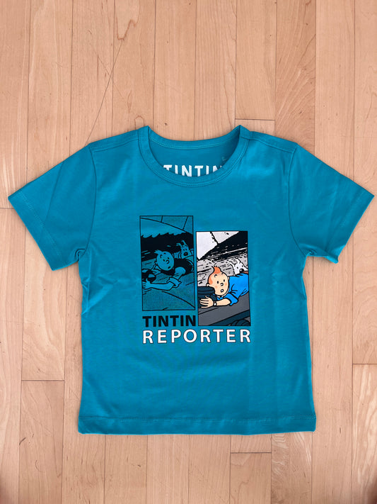 Turquoise kids' Tintin t-shirt with comic panels showing Tintin on train roof, 'Tintin Reporter' text