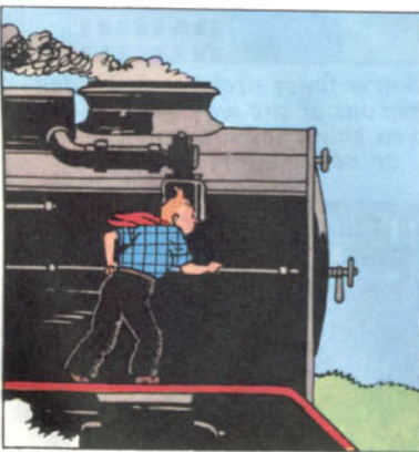 A close-up shot of a comic panel from "Tintin in America." Tintin, dressed in a blue and black plaid shirt with a red bandana blowing behind his neck, is caught in dynamic action as he climbs along the side handrail of a moving vintage black steam locomotive. White smoke billows from the train's smokestack against a pale blue sky.