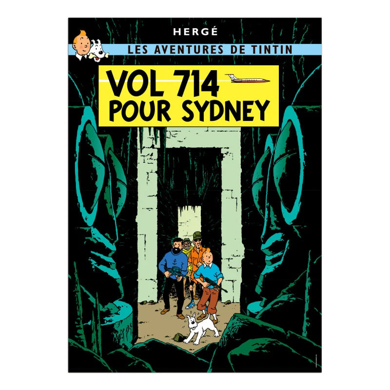 Official French Tintin poster for "Vol 714 Pour Sydney" featuring Tintin, Captain Haddock, and Snowy exploring a dark, ancient stone ruin with massive, eerie carved statues under a green-tinted background.