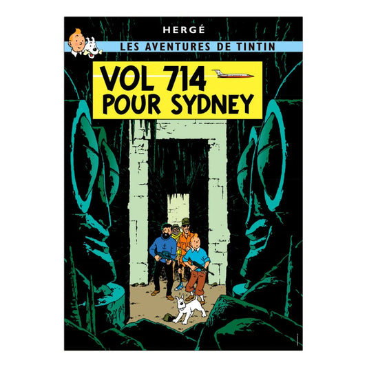 Official French Tintin poster for "Vol 714 Pour Sydney" featuring Tintin, Captain Haddock, and Snowy exploring a dark, ancient stone ruin with massive, eerie carved statues under a green-tinted background.