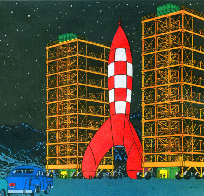 An illustration of Tintin's iconic red and white checkered moon rocket standing on its launch pad, flanked by two tall orange scaffolding towers under a starry night sky with a vintage blue car in the foreground.