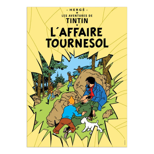 Tintin book poster for L'Affaire Tournesol showing characters hiding behind rocks in a forest, pursued by armed figuresOfficial French Tintin poster for "L'Affaire Tournesol" featuring Tintin, Captain Haddock, and Professor Calculus running and ducking behind large rocks in a forest, while Snowy growls at armed Syldavian soldiers pursuing them in the background.