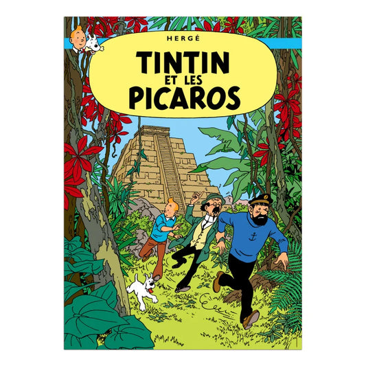 Official French Tintin poster for "Tintin et les Picaros" featuring Tintin, Captain Haddock, Snowy, and Professor Calculus running through a dense South American jungle with a stone Mayan pyramid rising in the background.