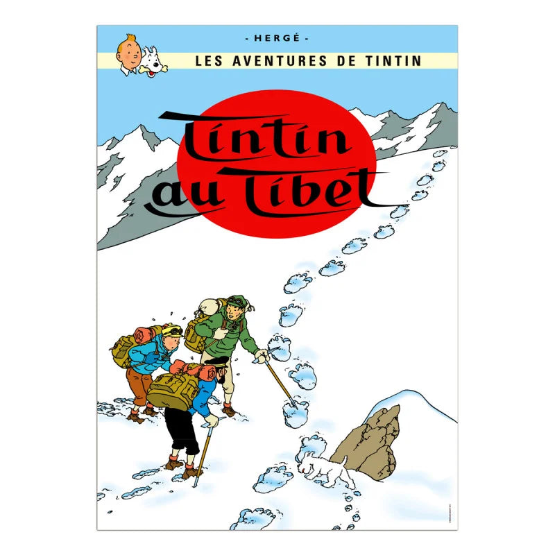 fficial French Tintin poster for "Tintin au Tibet" featuring Tintin, Captain Haddock, and Snowy trekking up a snowy mountain slope, following a trail of massive, mysterious footprints under a large red sun graphic.