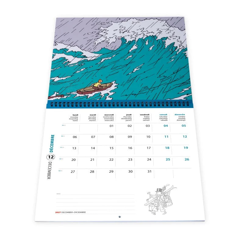 Calendar page from the Tintin Wall Calendar 2027 featuring an illustration from The Crab with the Golden Claws showing Tintin and Captain Haddock adrift on a small lifeboat tossed by heavy waves.