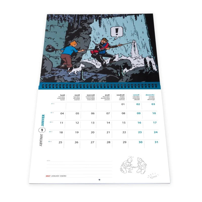 Calendar page from the Tintin Wall Calendar 2027 featuring a dramatic underground illustration from The Secret of the Unicorn showing Tintin and Captain Haddock navigating an underground stream and waterfall.