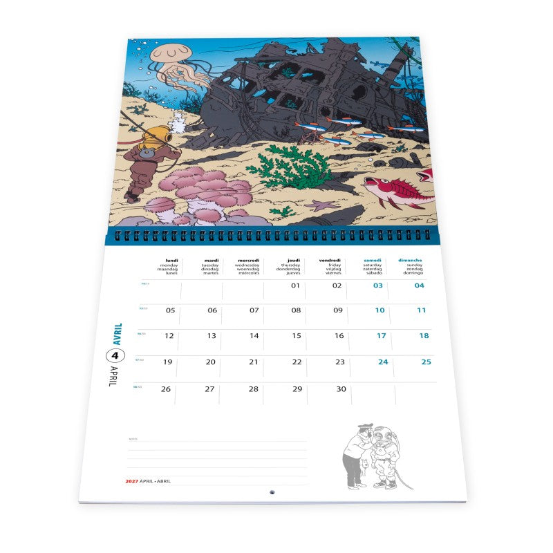 April page of the Tintin Wall Calendar 2027 featuring a dramatic underwater illustration of the sunken Unicorn shipwreck teeming with marine life, jellyfish, and deep-sea exploration details from Red Rackham's Treasure.