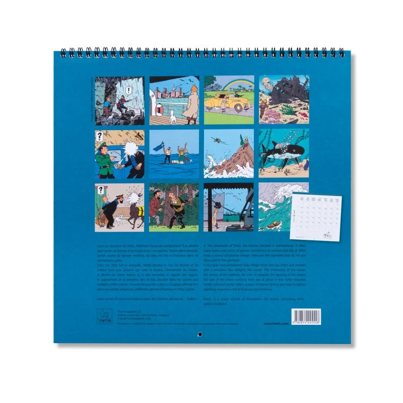 Back cover layout of the official Tintin Wall Calendar 2027 showing a grid preview of all twelve monthly illustrations, publisher details, and barcode.