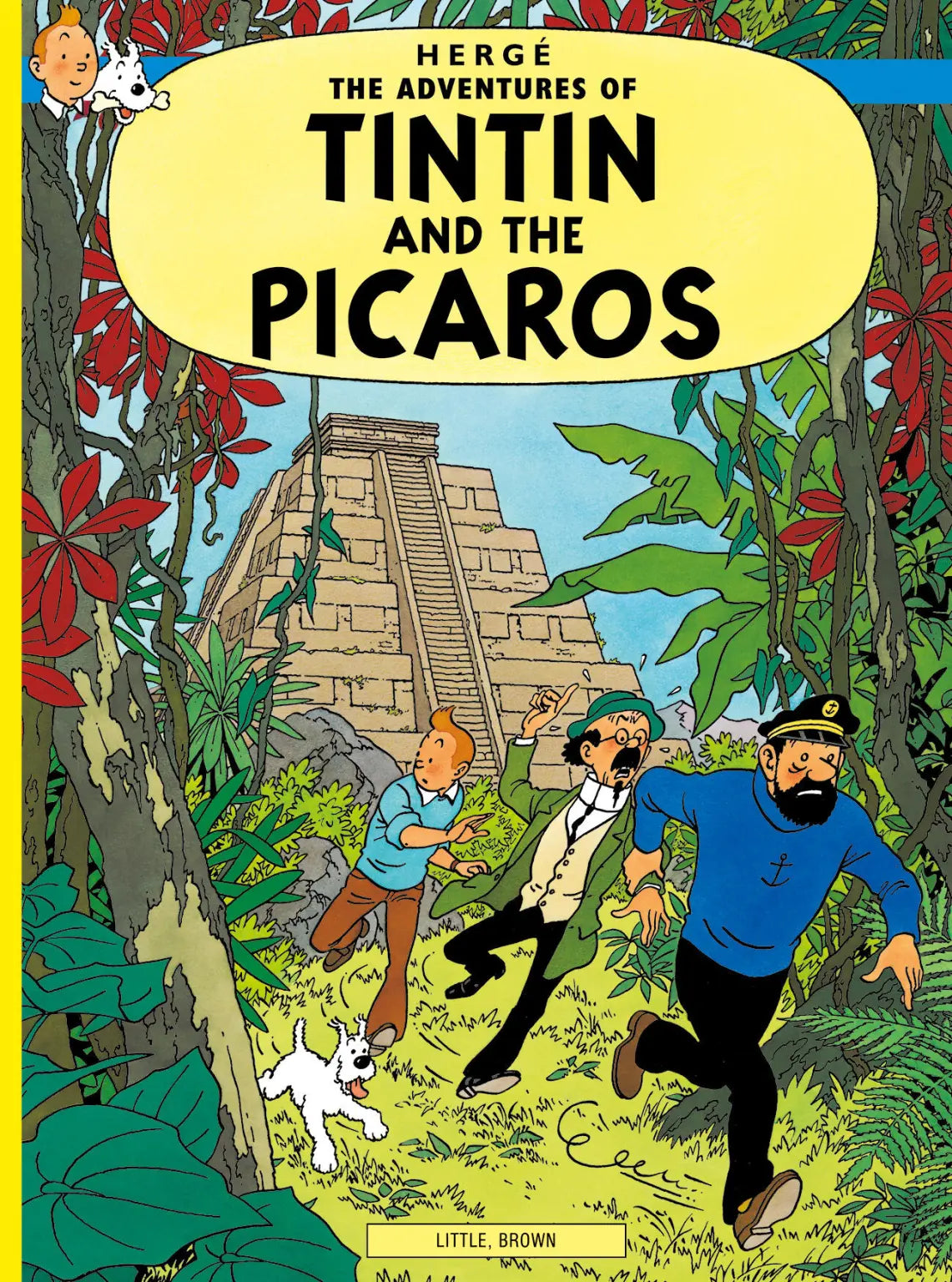 Front cover of The Adventures of Tintin: Tintin and the Picaros by Hergé, featuring Tintin and Captain Haddock running through a jungle with Mayan-style ruins in the background.