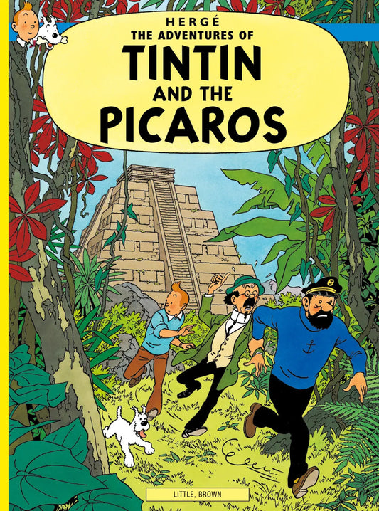Front cover of The Adventures of Tintin: Tintin and the Picaros by Hergé, featuring Tintin and Captain Haddock running through a jungle with Mayan-style ruins in the background.