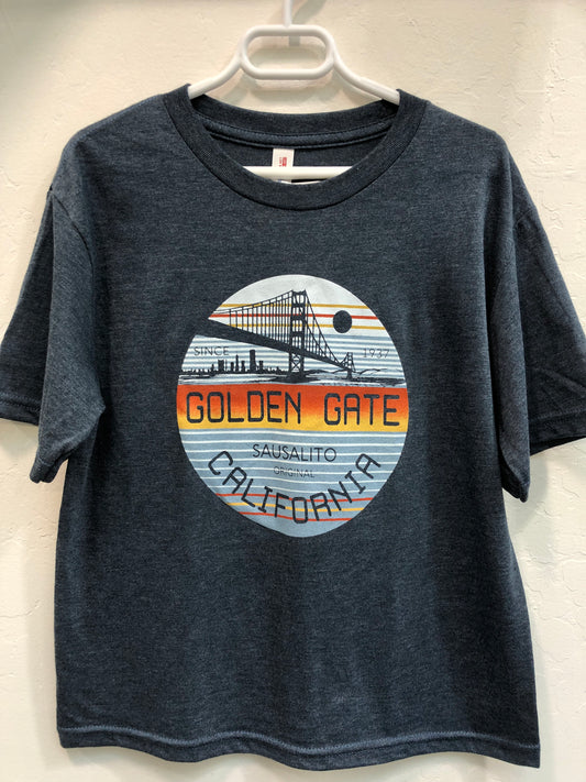 Golden Gate Bridge kids' t-shirt with circular sunset design featuring San Francisco skyline and Sausalito text