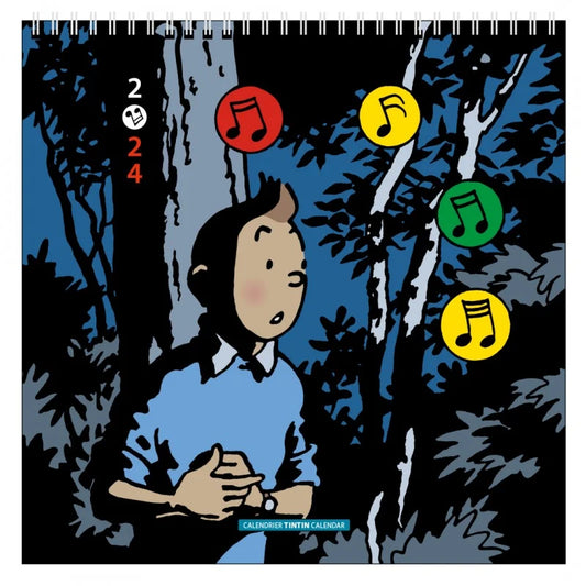 Tintin 2024 wall calendar cover featuring cartoon character surrounded by musical notes in colorful circles, forest background