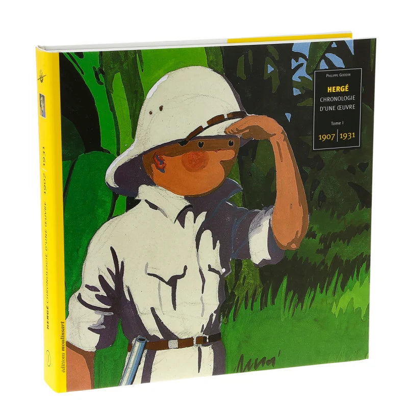 ront cover of Hergé Chronologie d'une Œuvre Volume 1, featuring Tintin in a pith helmet and safari outfit looking through binoculars in the jungle from Tintin in the Congo.