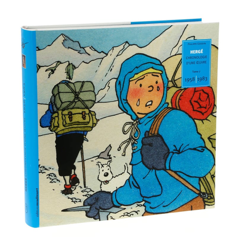 Front cover of Hergé Chronologie d'une Œuvre Volume 7, showing Tintin in a blue winter hooded coat and Captain Haddock hiking in the snowy mountains from Tintin in Tibet.