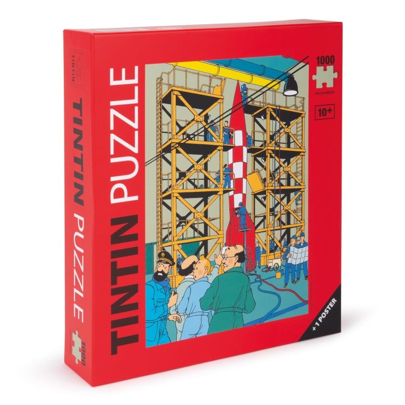 Red Tintin 1000-piece puzzle box titled XFLR6 Rocket, featuring Hergé's classic illustration of Captain Haddock, Tintin, and Professor Calculus watching the red-and-white checkered rocket on its launchpad gantry.