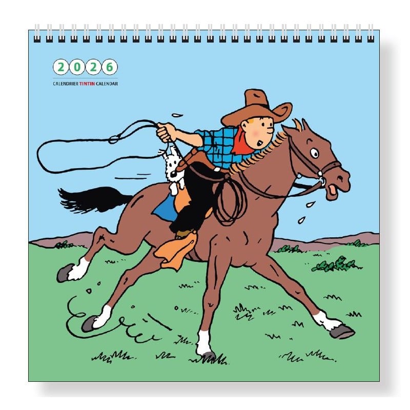 Calendar cover with a cartoon character riding a horse, featuring a blue sky and green grass.