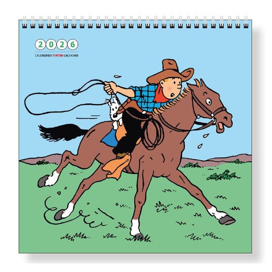 Calendar cover with a cartoon character riding a horse, featuring a blue sky and green grass.