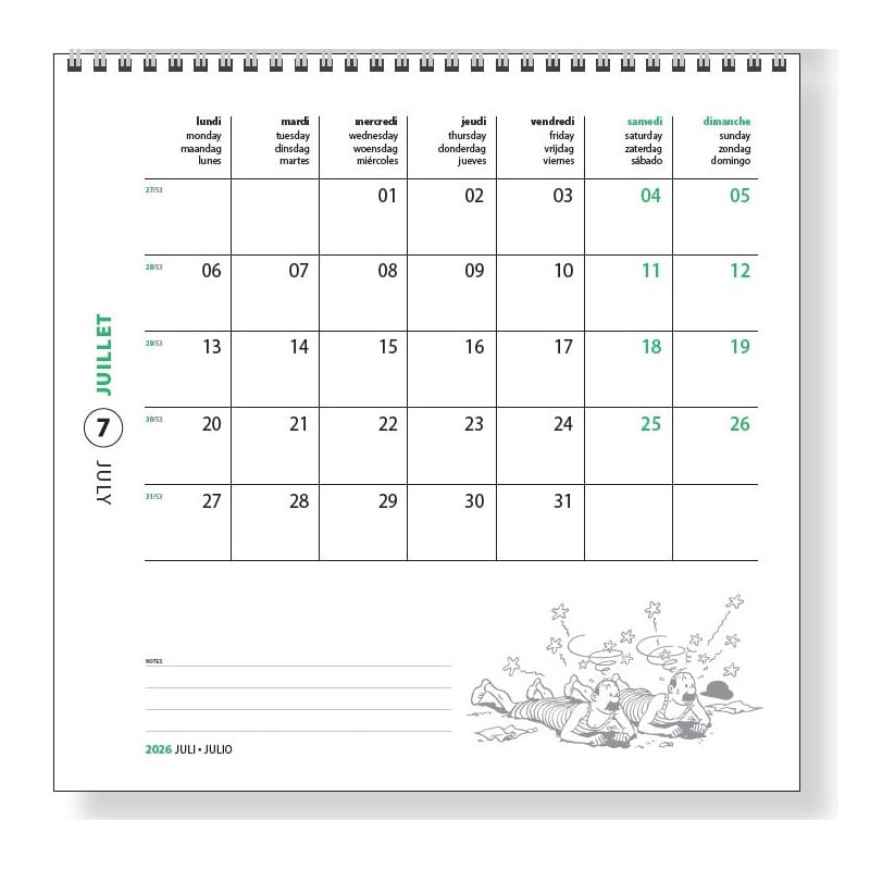 Calendar for July with cartoon illustration at the bottom