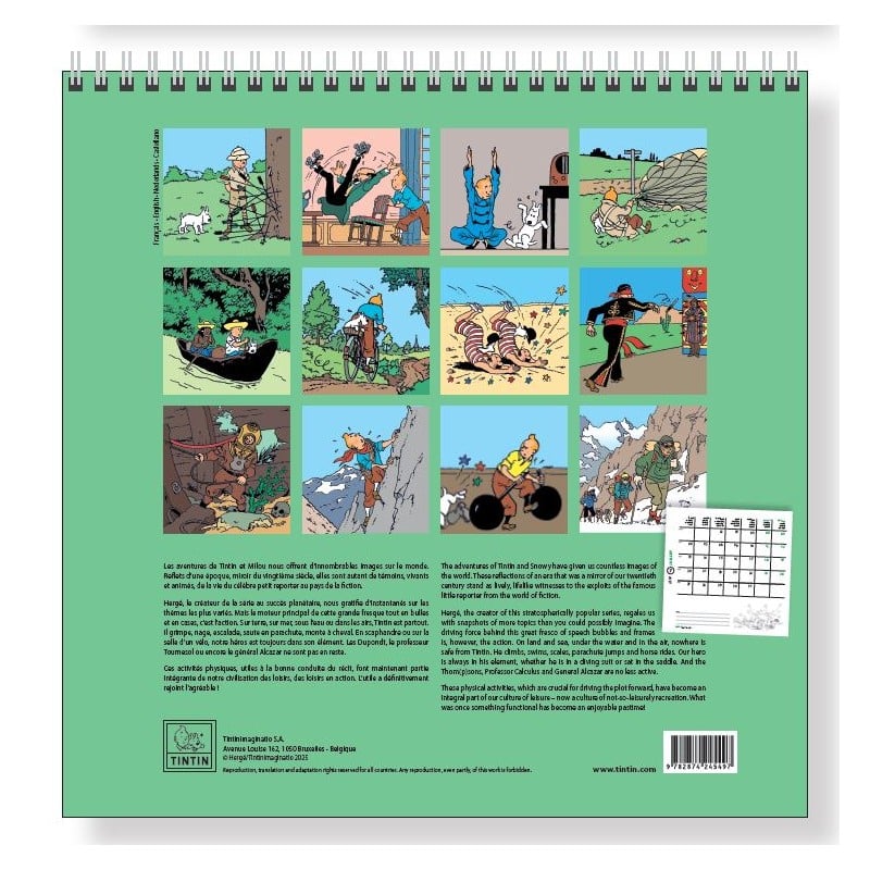 Calendar with comic strip panels on a green background