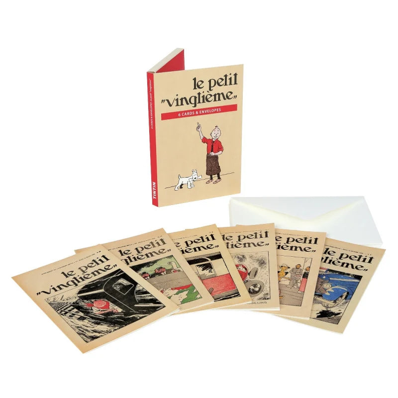 Pack of six Le Petit Vingtième notecards and matching envelopes, displayed alongside their presentation folder featuring Tintin and Snowy illustrations and six individual cards showcasing action-packed comic scenes.