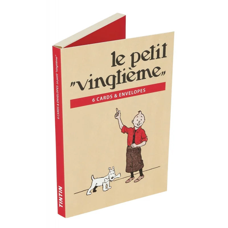 Closed presentation folder for the Le Petit Vingtième notecards set, featuring vintage artwork of Tintin pointing upward alongside Snowy against a red and beige background.