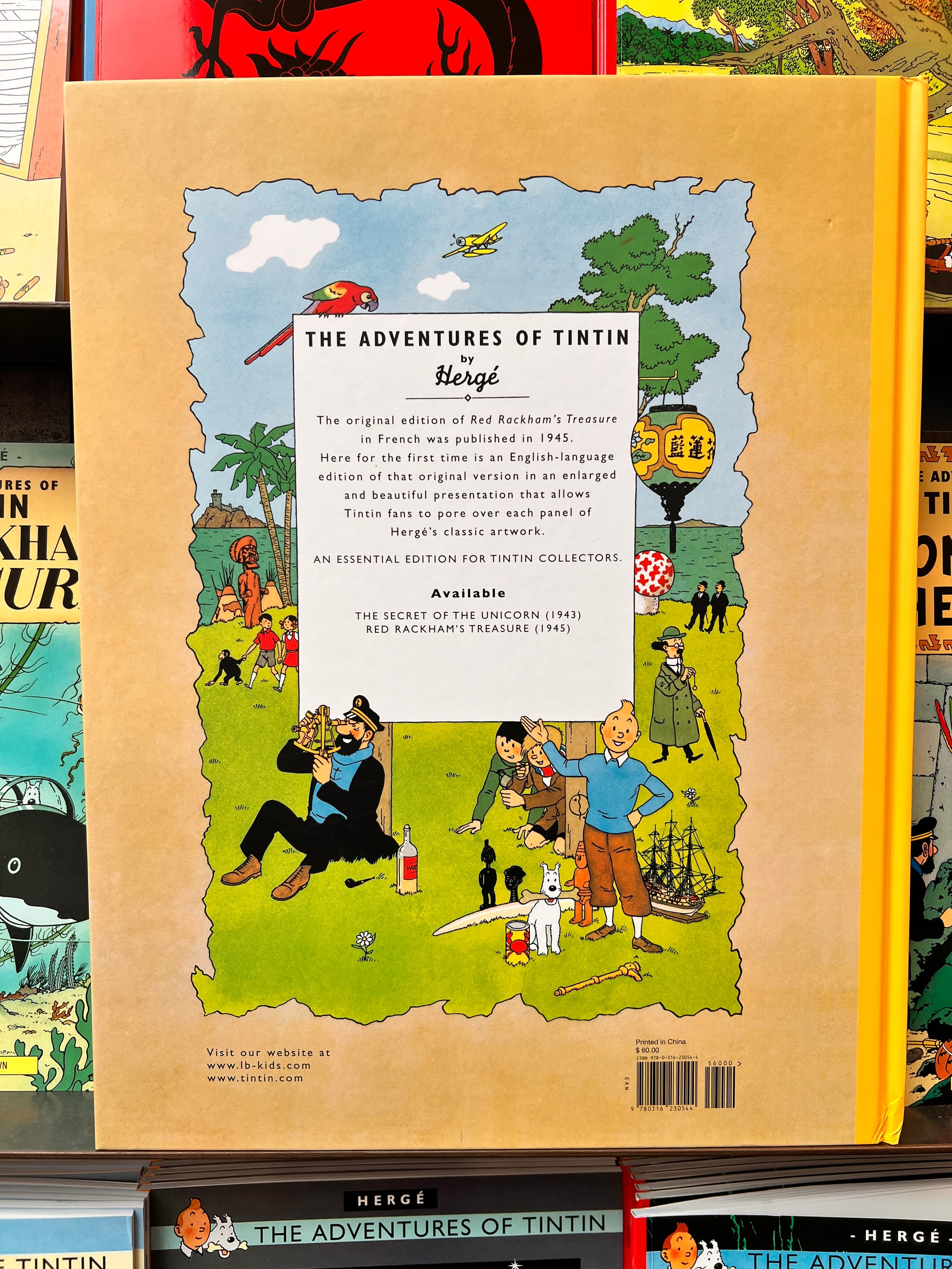 The back cover of the 'Red Rackham's Treasure' large format facsimile, featuring the classic Tintin character grid and publishing details from Little, Brown and Company.