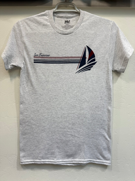 Retro San Francisco sailing t-shirt featuring a vintage stylized sailboat graphic on a light gray cotton-blend unisex tee.
