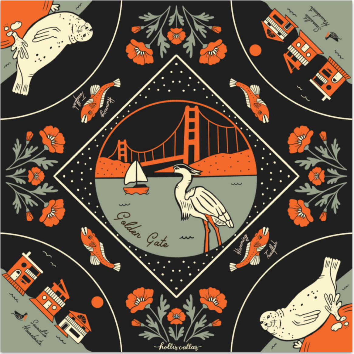 Overhead view of a black square cotton bandana featuring an orange and cream illustrated map of Sausalito by artist Hollis Callas, showcasing the Golden Gate Bridge, a sailboat, a Great Blue Heron, orange California poppies, harbor seals, houseboats, and swimming Humming Toadfish.