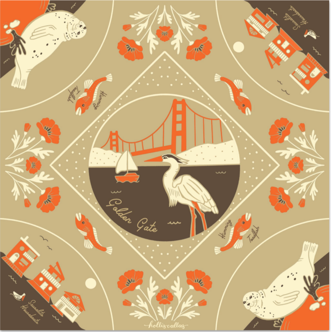 Sausalito cotton bandana design featuring Golden Gate Bridge, heron, seals, houseboats, and California poppies in orange and tan
