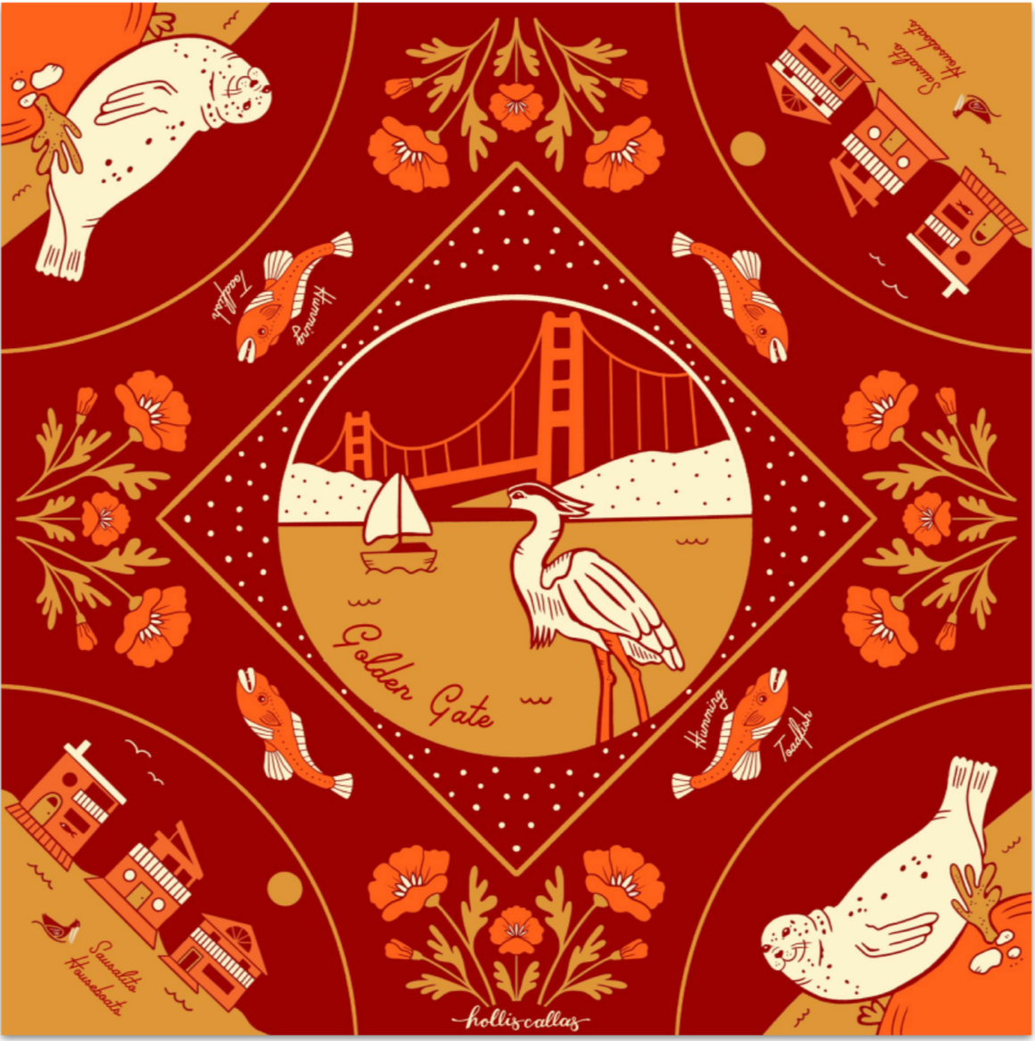 Overhead view of a deep red square cotton bandana featuring an orange and cream illustrated map of Sausalito by artist Hollis Callas, showcasing a central circular design of the Golden Gate Bridge, surrounded by a sailboat, a Great Blue Heron, orange California poppies, harbor seals, houseboats, and swimming Humming Toadfish.