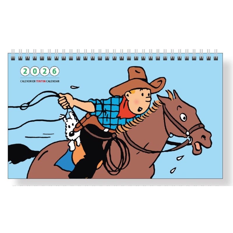 Calendar with a cartoon character on a horse, featuring the year 2026.
