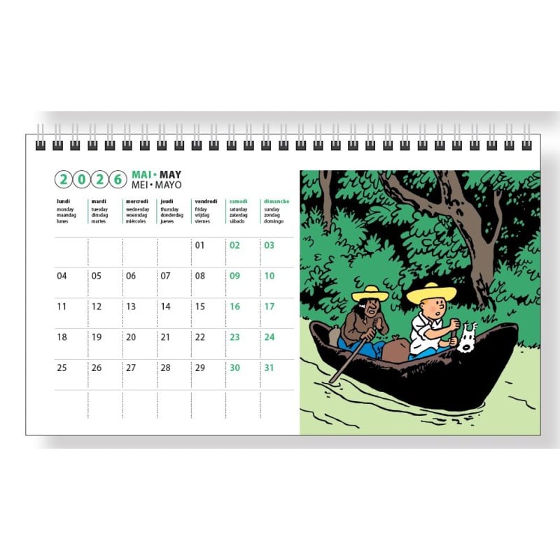 Calendar with illustration of two characters in a boat on a white background