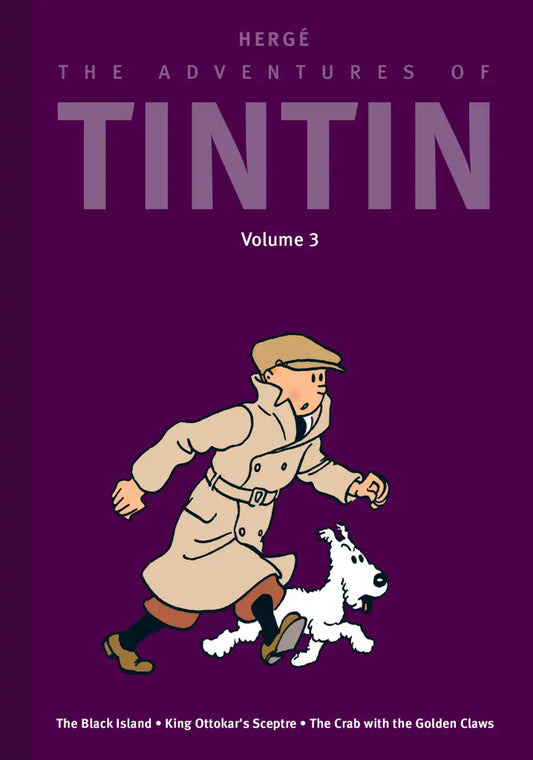 Front cover of 'The Adventures of Tintin' Volume 3 deluxe hardcover book, featuring Tintin in a trenchcoat and Snowy running together against a solid purple background.