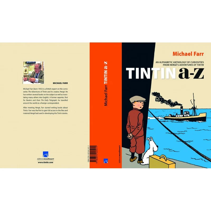 Full spread of the book cover and back cover for Tintin A to Z: An Alphabetic Anthology of Curiosities, showing the spine, the front illustration, and a biography of author Michael Farr on the back cover.