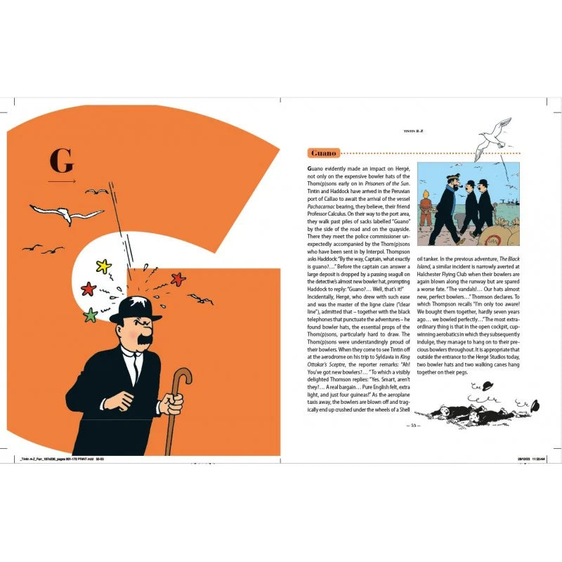 An interior page spread from Tintin A to Z featuring the letter G entry for Guano, accompanied by an illustration of the Thompsons wearing bowler hats.