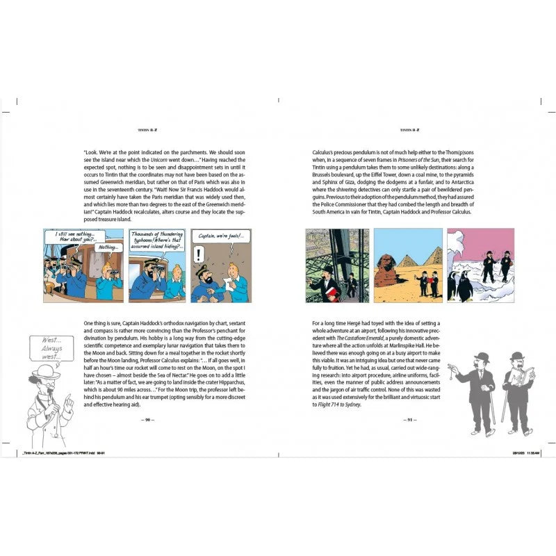 An interior page spread from Tintin A to Z featuring entries on the Unicorn parchment navigation and Professor Calculus using a pendulum to search for destinations.