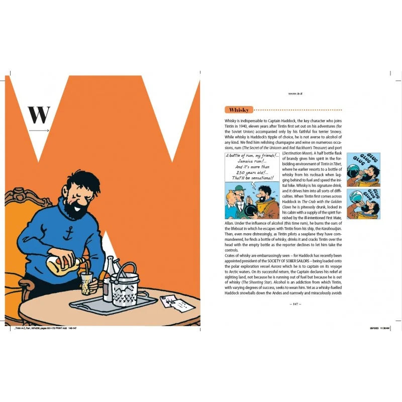 An interior page spread from Tintin A to Z featuring the letter W entry for Whisky, accompanied by an illustration of Captain Haddock looking out over a table of bottles and glasses.