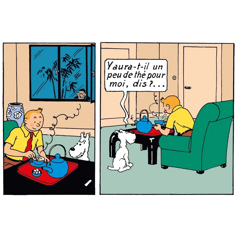 Original comic panel from The Blue Lotus showing Tintin in a green armchair drinking tea while Snowy asks "Yaura-t-il un peu de thé pour moi, dis?..." during their arrival in Shanghai.