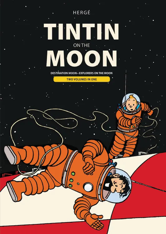Tintin On The Moon Series Two Volumes In One book cover featuring Tintin and Captain Haddock in orange space suits on the lunar surface against a starry black sky.