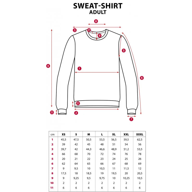 Detailed measurement chart for adult sweatshirts on a white background, outlining sizing specs from XS to 3XL for chest width, body length, sleeve length, and neckline measurements with a diagram.